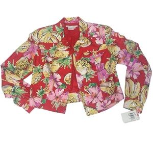 Maggy London Tropical Pineapple Print Red Silk Jacket Size 8
